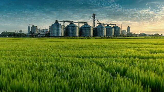 Lush green rice field in the foreground with large silos and industrial buildings in the background
