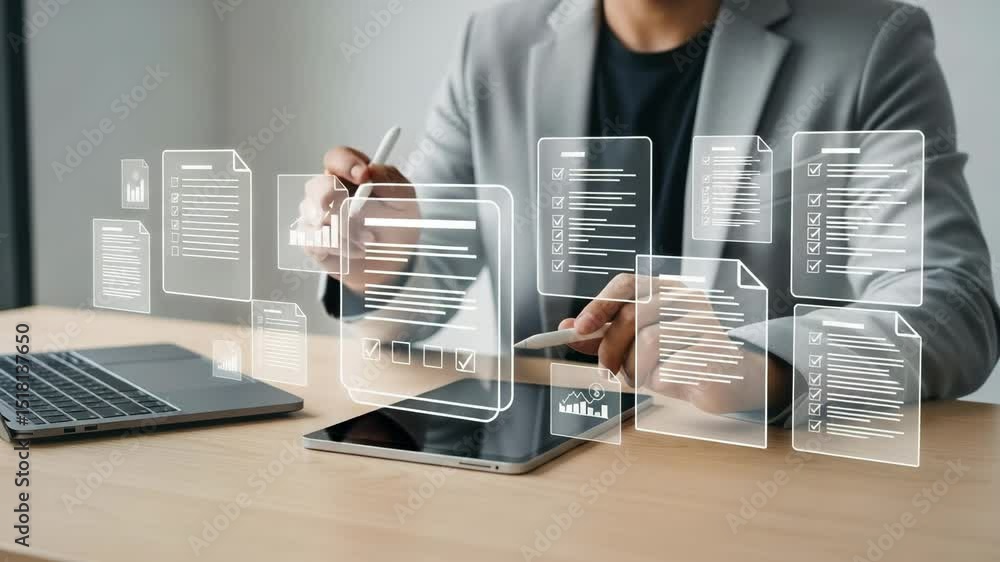 Poster man in suit interacting with digital documents on tablet with laptop on wooden desk surface top