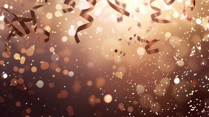 Bronze ribbons and confetti falling with bokeh lights on festive light brown celebration background, place for text. New Year, Christmas, birthday, holiday celebration banner