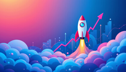 Colorful rocket launching into sky symbolizes business growth and success, surrounded by vibrant clouds and upward trends