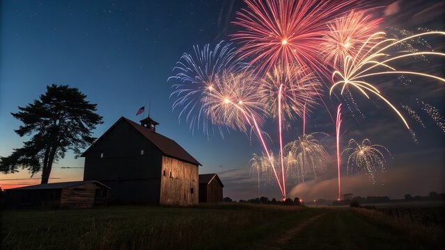 Vibrant fireworks explode over a classic, rural barn during a festive evening celebration.