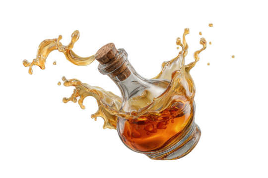 PNG Dynamic splashing whiskey in corked glass bottle on black background