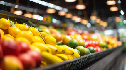 Fresh produce aisle in a modern grocery store, vibrant fruits and vegetables neatly arranged under soft lighting
