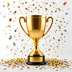 gold trophy cup Glitter Flat Lay | 3D Metallic Trophy with Glitter | Golden Trophy Cup with Confetti | Symbol of Victory and Achievement