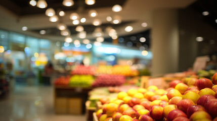 Fresh produce aisle in a modern grocery store, vibrant fruits and vegetables neatly arranged under soft lighting