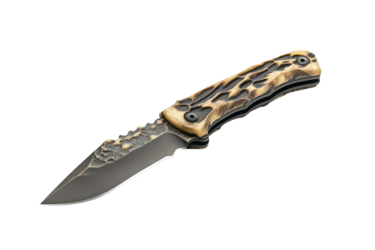 Folding pocket knife with textured handle and black blade isolated on transparent PNG