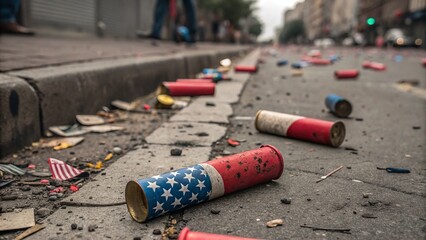 Firework casings scattered on a city street, showcasing patriotic colors and celebration aftermath.