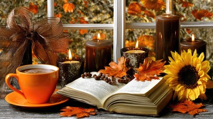 Fototapeta premium A cozy autumn scene with an open book