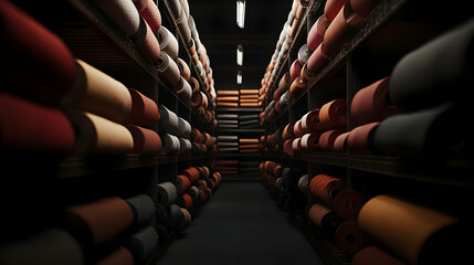 Dark Warehouse Interior With Rolled Fabric Storage