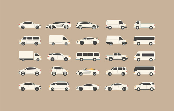 Collection of White Car Illustrations Representing Various Body Styles and Vehicle Types Including Sedans Vans Trucks Buses and Sports Cars on Neutral Background