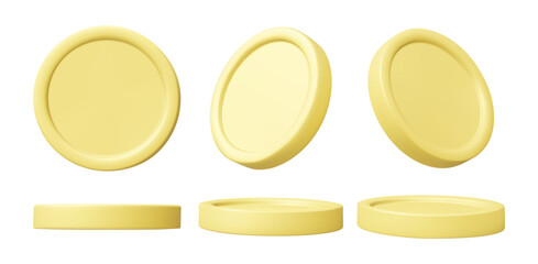 3D illustration vector render of gold coin front, side and angle view isolated on white background. Conveys money, wealth, accumulation, investment and finance. Minimal.