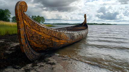 Ornamental Wooden Boat On Shore