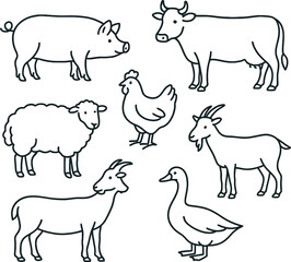 Farm animals vector set with silhouettes of cow pig sheep goat and more in black cartoon style