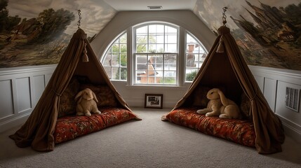 Cozy reading nooks with plush seating, nestled under fabric tents.  Scenic mural adorns the walls