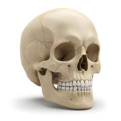 Obraz premium Human skull isolated on white background, a scary anatomy object of bone and teeth, perfect for Halloween or medical themes