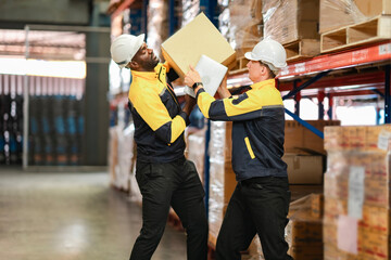 Two male workers lift a package together in the storage area. One is Black, one is White, both...