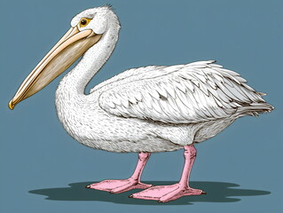 Elegant white pelican stands gracefully against a blue backdrop showcasing its majestic features and vibrant colors