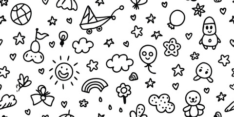 Seamless pattern of childlike doodles isolated on white background