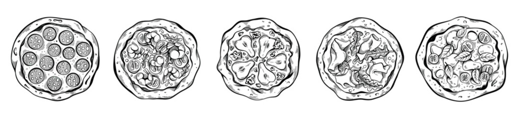 Set of five pizza slices: pepperoni, margherita, marinara, prosciutto, pear-gorgonzola. Handdrawn vintage illustration in black and white. Perfect for food menus and blogs.