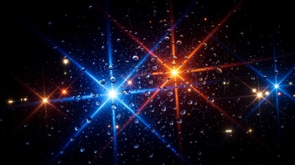 Colorful light flares in blue and orange tones burst through water droplets on glass, creating a vibrant, abstract composition on a dark background.