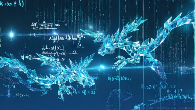 Crystal Dragons Flying Through Digital Data Flow Animation