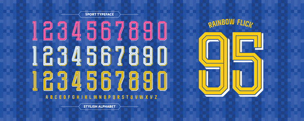 Rainbow Flick 95: Sport lines number design. Camouflage Jersey concept with good yellow-blue color combination. Typography condensed Vector illustration
