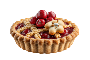 PNG Cherry tart with lattice crust and fresh berries on black background