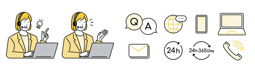 イラスト素材：多言語対応コールセンターの案内スタッフとアイコンのセット