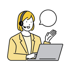 イラスト素材：インカムをつけた女性のリモート接客、オペレーター、コールセンター