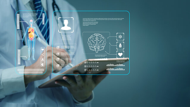 doctor using tablet with digital human anatomy and brain interface, smart healthcare, AI diagnosis, and future medical innovation technology. health check concept. - Powered by Adobe