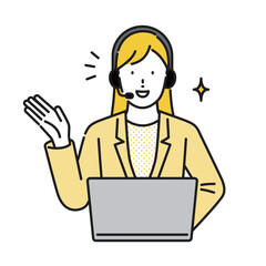 イラスト素材：インカムをつけた女性のリモート接客、オペレーター、コールセンター