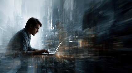 A young man works on his laptop in the center of an abstract cityscape, surrounded by data streams and digital connections, symbolizing innovation and technology integration in urban life. 