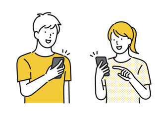 イラスト素材：スマホを見ている若い男女のイラスト