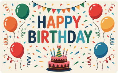 A Festive Birthday Card Featuring Balloons, Cake, and Confetti