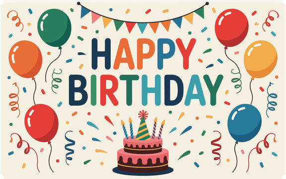A Festive Birthday Card Featuring Balloons, Cake, and Confetti