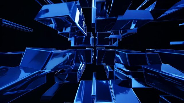 Blue metallic parallelepipeds rotating dynamically, generating kaleidoscopic geometric patterns with seamless visual transformation