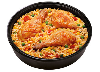 panela rústica com arroz com frango e legumes isolado em fundo transparente