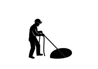 Obraz premium Miner operating drilling equipment underground, black and white illustration