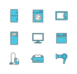 House appliances flat line icon set. Simple and minimal style concept. Refrigerator, washing machine, microwave, air conditioner, TV, monitor, oven, vacuum cleaner, oven, dryer.