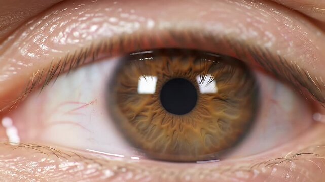 Extreme Close-Up: Detailed Footage of a Human Eye's Iris and Pupil, Showing Texture and Color Variations.  Captivating Macroscopic View of the Ocular Anatomy.