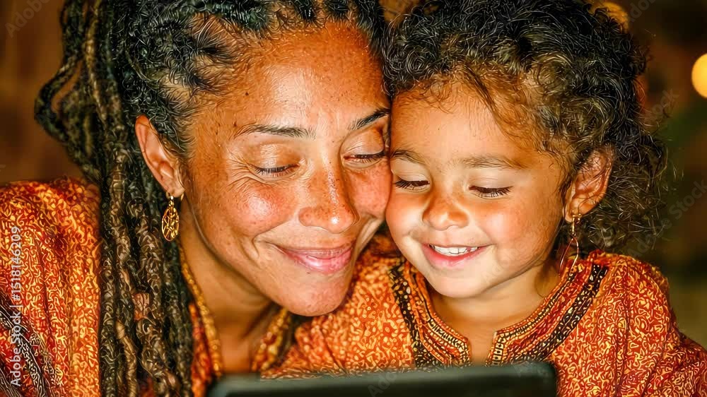Poster a joyful mother and daughter smiling while looking at a digital tablet together, dressed in matching