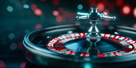 Roulette wheel in an illuminated casino setting showcasing vibrant colors and excitement, banner, copy space
