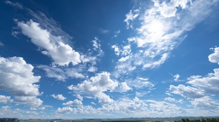 Clear blue sky with scattered white clouds, a serene and boundless horizon