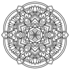 Mandala coloring book for adult ,black and white, vector illustration,outline,Mandala Art with Delicate Curves and Floral Themes,background,ethnic,fabric, Tattoo,wallpaper