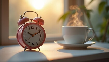 Pink alarm clock next to steaming coffee cup by the window  