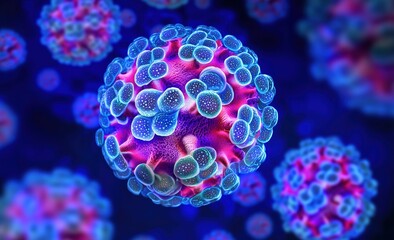 Highly detailed microscopic cells on blue background, natural lighting and high-resolution render of organic virus structure for scientific or medical concept.