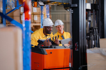Two male workers review a warehouse map beside a forklift. One is an African American driver, collaborating for efficient cargo handling and task planning.