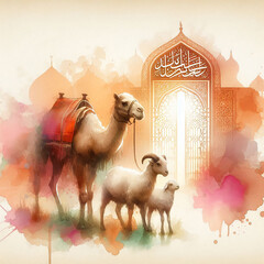 Eid Mubarak Watercolor Painting with Camel and Goats