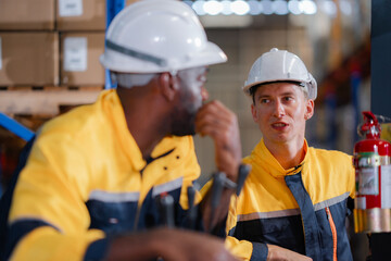 Warehouse employees stand next to a forklift, pointing at a printed layout. Focused planning and...