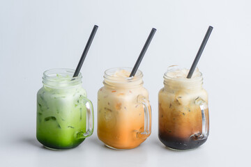 Thai Iced Tea, Coffee, and Green Tea in Mason Jars